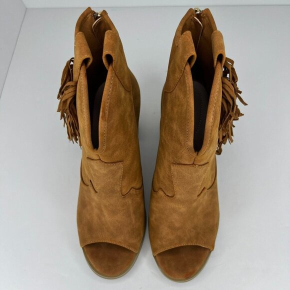 Comfort Womens Brown Fringe Faux Suede Peep Toe Block Heel Size 8 Ankle Bootie - Picture 3 of 9